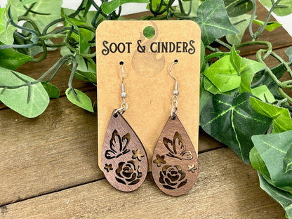 Brown Butterfly Rose Teardrop Earrings