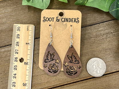 Brown Butterfly Rose Teardrop Earrings