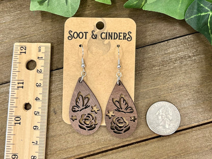 Brown Butterfly Rose Teardrop Earrings