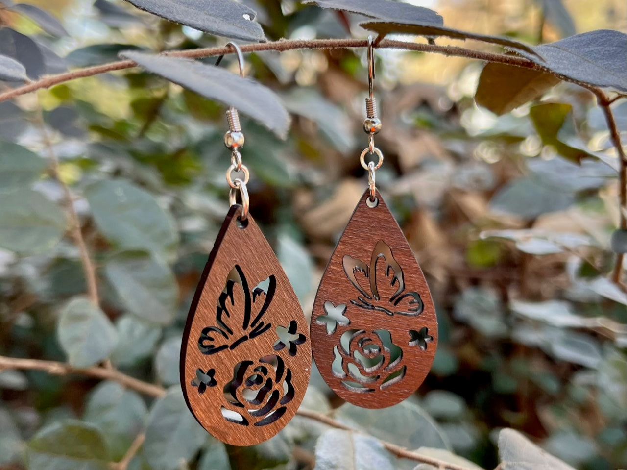 Brown Butterfly Rose Teardrop Earrings