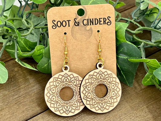 Filigree Donut Laser Engraved Wood Earrings