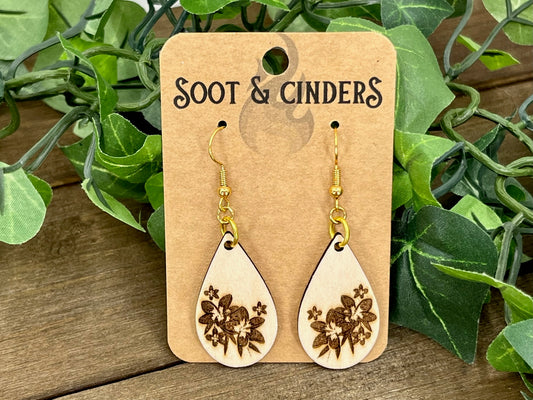 Flower Teardrop Natural Wood Earrings