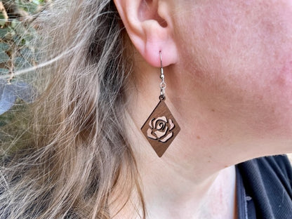 Brown Rose Cutout Wood Diamond Earrings