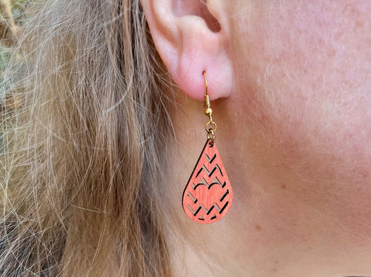 Red Small Teardrop Laser Cut Earrings with Heart and Zigzags