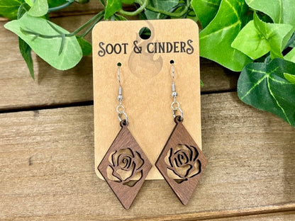 Brown Rose Cutout Wood Diamond Earrings