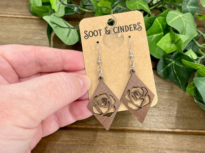 Brown Rose Cutout Wood Diamond Earrings