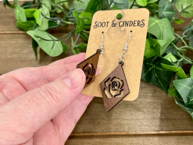 Brown Rose Cutout Wood Diamond Earrings