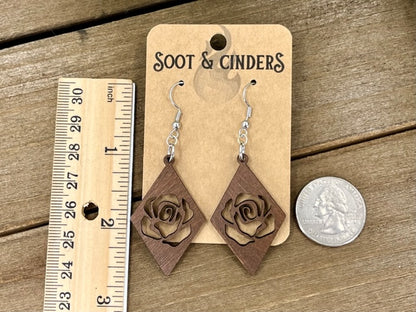 Brown Rose Cutout Wood Diamond Earrings