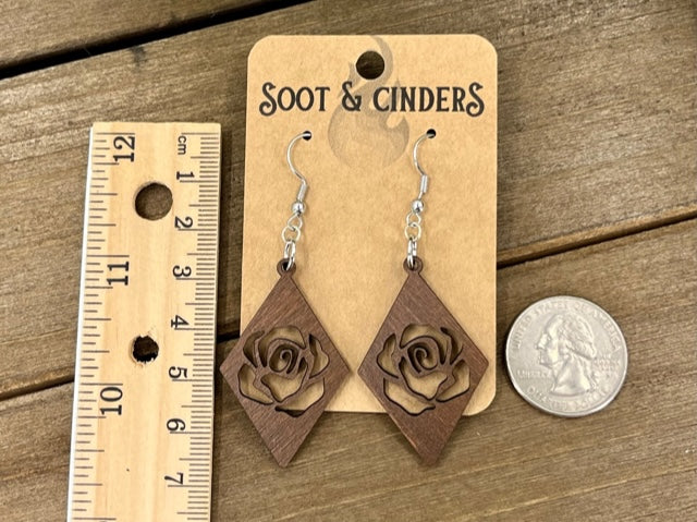 Brown Rose Cutout Wood Diamond Earrings