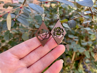 Brown Rose Cutout Wood Diamond Earrings