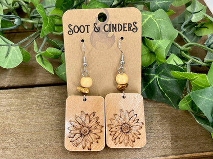 Daisy Flower Floral Hand Burned Rectangle Rectangular Wood Earrings