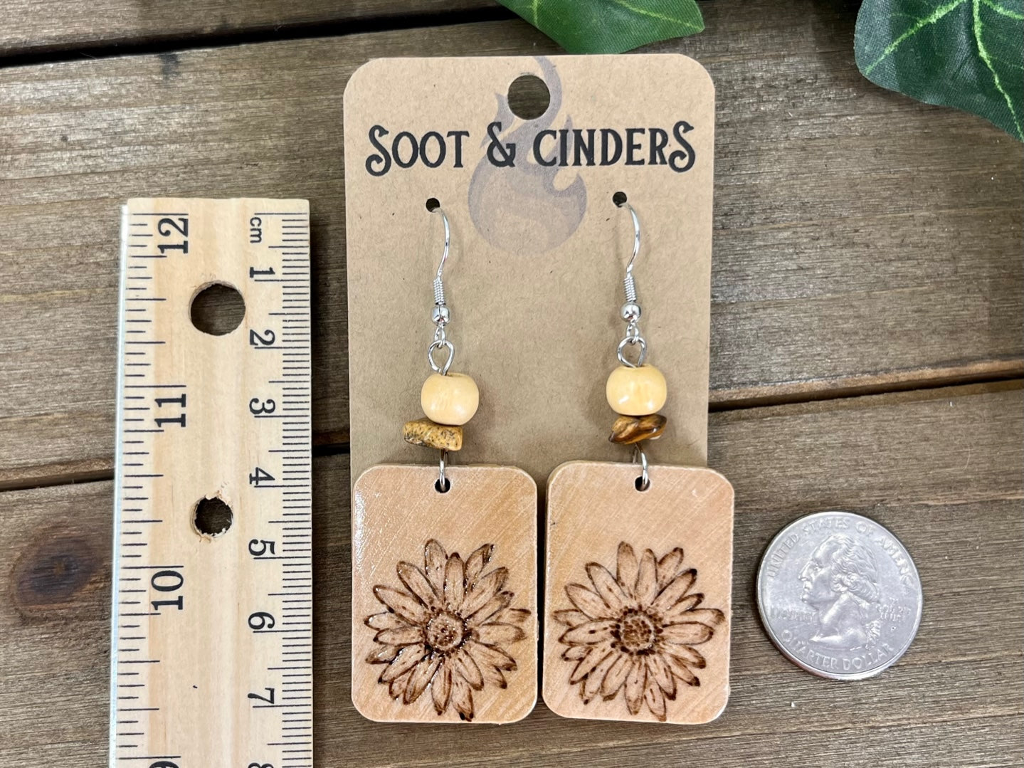 Daisy Flower Floral Hand Burned Rectangle Rectangular Wood Earrings