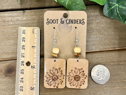 Daisy Flower Floral Hand Burned Rectangle Rectangular Wood Earrings