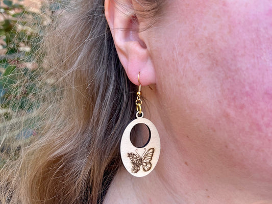 Flower Butterfly Oval Natural Laser Engraved Wood Earrings