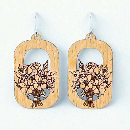 Floral Bouquet in Rounded Rectangle Beech Wood Sterling Silver Earrings