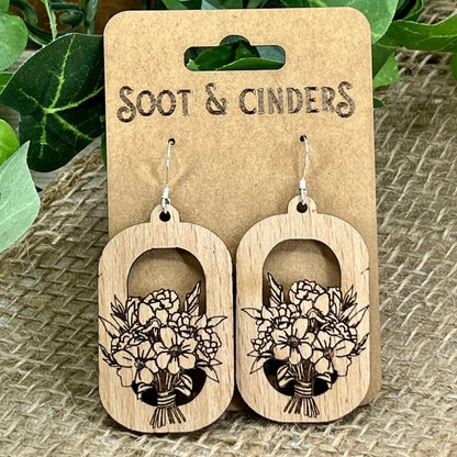 Floral Bouquet in Rounded Rectangle Beech Wood Sterling Silver Earrings