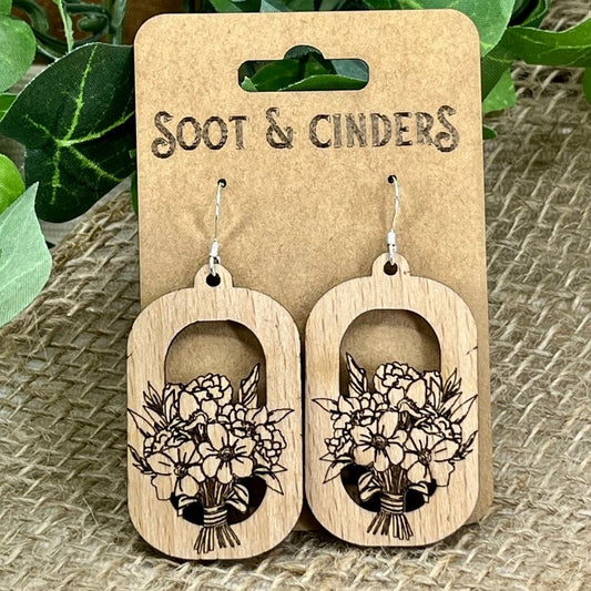Floral Bouquet in Rounded Rectangle Beech Wood Sterling Silver Earrings
