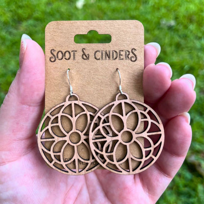 Geometric Flower Pattern Cutout | Walnut Wood Sterling Silver Earrings