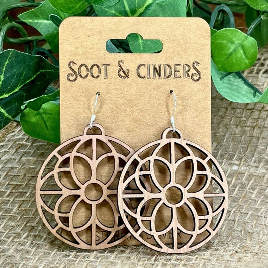 Geometric Flower Pattern Cutout | Walnut Wood Sterling Silver Earrings