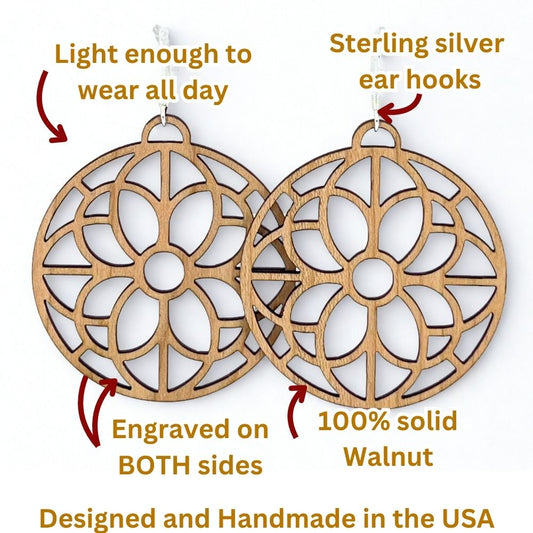 Geometric Flower Pattern Cutout | Walnut Wood Sterling Silver Earrings