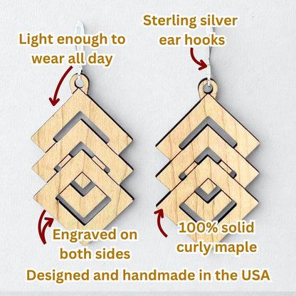 Descending Diamonds | Curly Maple Wood Sterling Silver Earrings