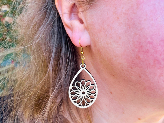 Natural Wood Stylized Filigree Flower Large Teardrop Earrings