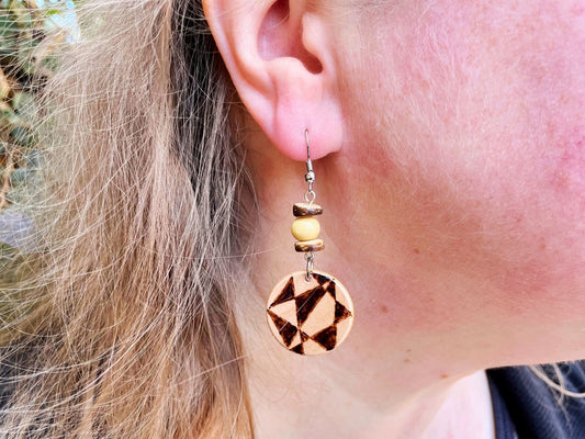 Geometric Diagonal Triangles Pattern Hand Burned Silver Plated Wood Earrings