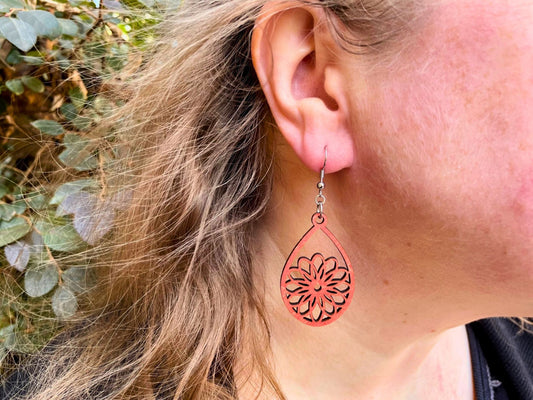 Terra Cotta Red Stylized Flower Cutout Teardrop Earrings