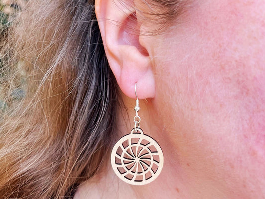 Round Spiral Geometric Natural Wood Dangly Earrings