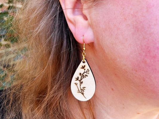 Floral Vine Laser Engraved Dangly Teardrop Natural Wood Earrings