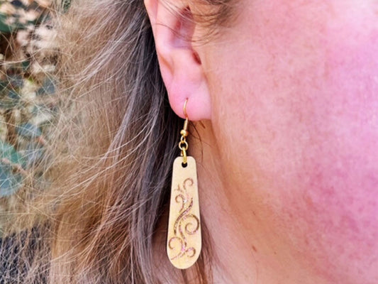 Iridescent Shimmer Wind Swirl Engraved Wood Earrings