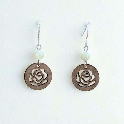 Pearl in the Garden (Mahogany, White Mother of Pearl, and Recycled Sterling Silver Earrings)