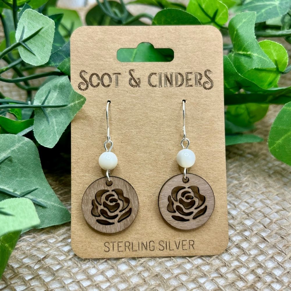 Pearl in the Garden (Mahogany, White Mother of Pearl, and Recycled Sterling Silver Earrings)