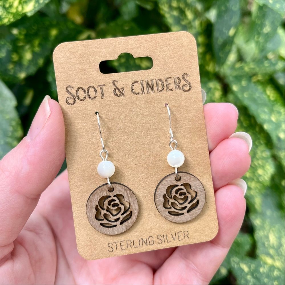 Pearl in the Garden (Mahogany, White Mother of Pearl, and Recycled Sterling Silver Earrings)