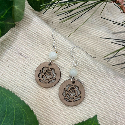 Pearl in the Garden (Mahogany, White Mother of Pearl, and Recycled Sterling Silver Earrings)