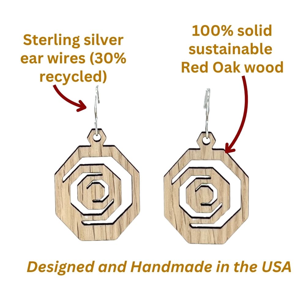 Octagonal red oak and recycled sterling silver earrings with labeled for material and origin, on a white background.