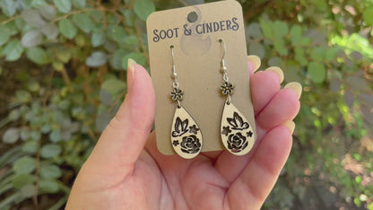 Butterfly, Rose, and Flowers Wood Teardrop Earrings