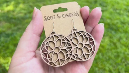 Geometric Flower Pattern Cutout | Walnut Wood Sterling Silver Earrings