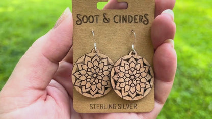 Stylized Flower in Circle | Cherry Wood Sterling Silver Earrings