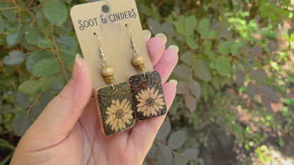 Daisy Hand Burned Rectangle Earrings