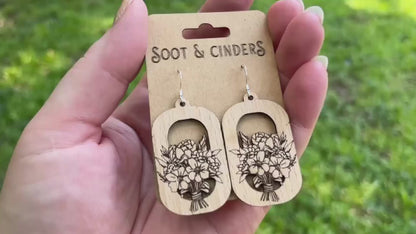 Floral Bouquet in Rounded Rectangle Beech Wood Sterling Silver Earrings