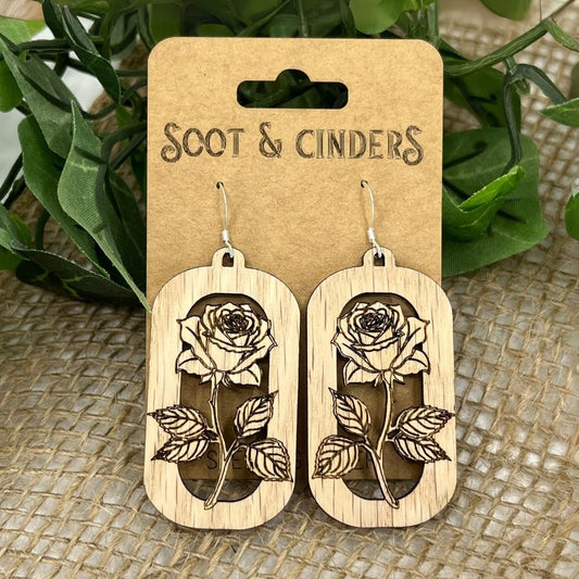 Rose Floating above Rectangular Frame | Red Oak Wood Sterling Silver Earrings