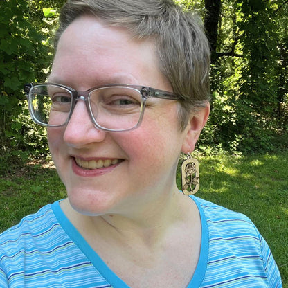 Rose Floating above Rectangular Frame | Red Oak Wood Sterling Silver Earrings
