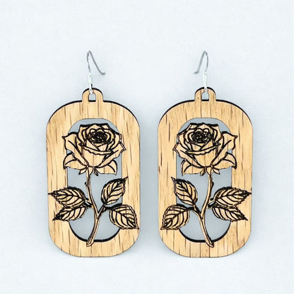 Rose Floating above Rectangular Frame | Red Oak Wood Sterling Silver Earrings