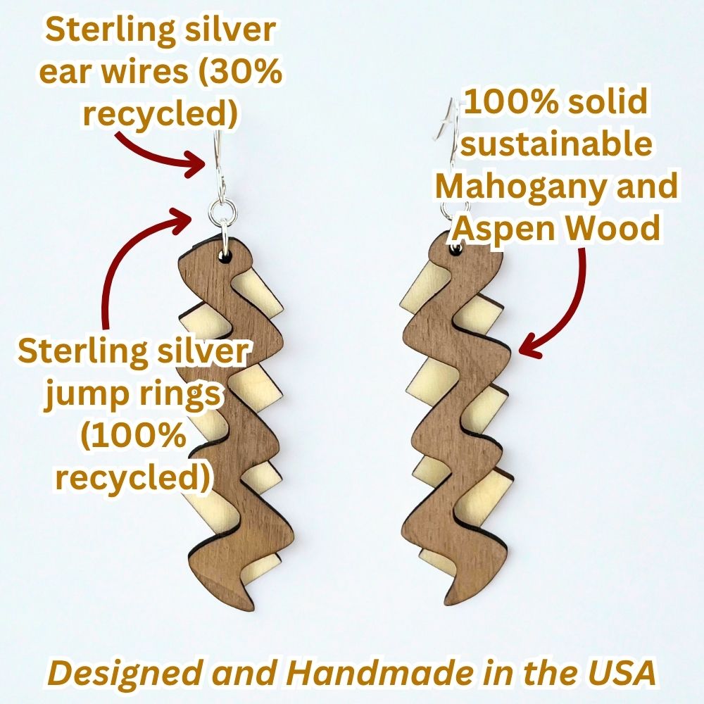 Wooden spiral earrings with text highlighting material and origin details on a white background