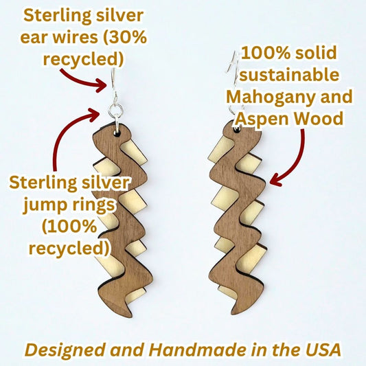 Wooden spiral earrings with text highlighting material and origin details on a white background